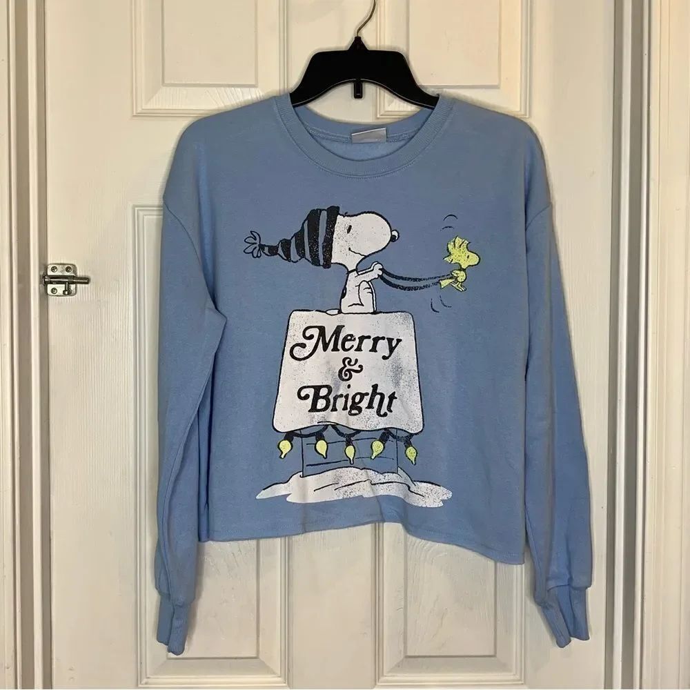 Peanuts Merry & Bright Cropped Sweatshirt Size XS Blue